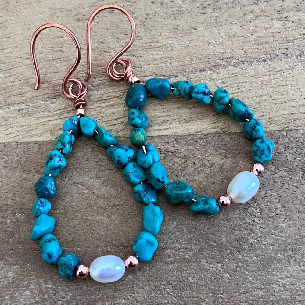 Turquoise & Pearl Teardrop Hoop Earrings - Solid Copper - Handmade